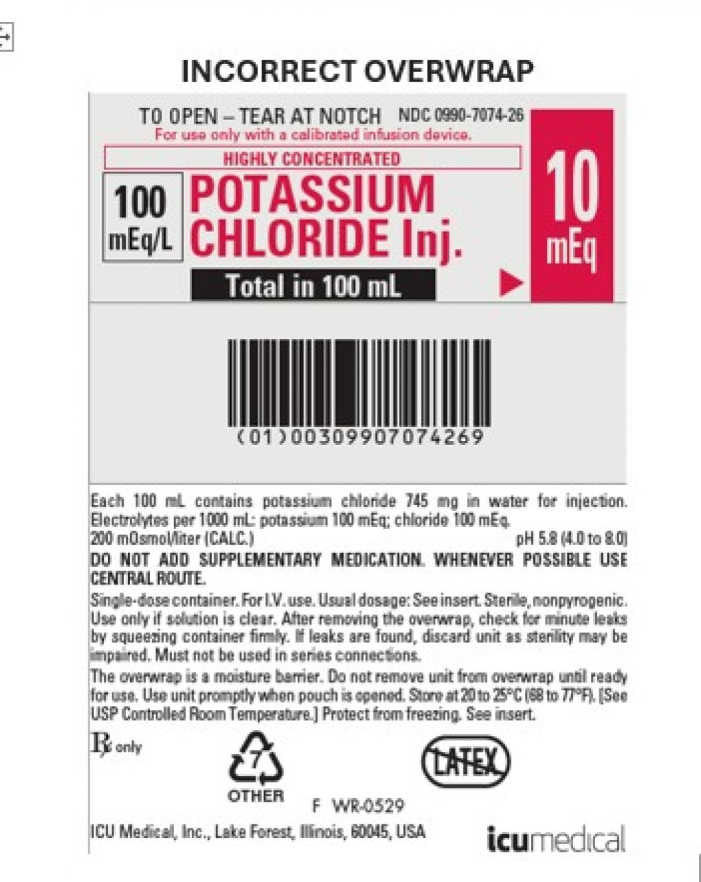 Otsuka ICU Medical LLC Issues Voluntary Nationwide Recall of 20 mEq Potassium Chloride Injection Due To Overwrap Mislabeled As 10 mEq Potassium Chloride Injection